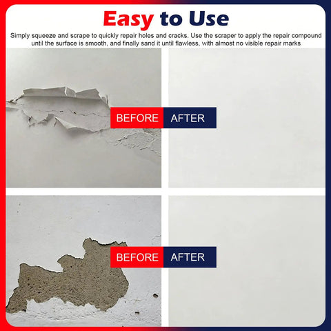 Quick Fix Drywall Repair Kit Includes Scraper Plus Fast Drying Wall Patch Paste For Hole And Crack Filler Delivering A Slick Finish For Every Homeowner Trying To Patch Up Walls Today showing before and after wall repairs.