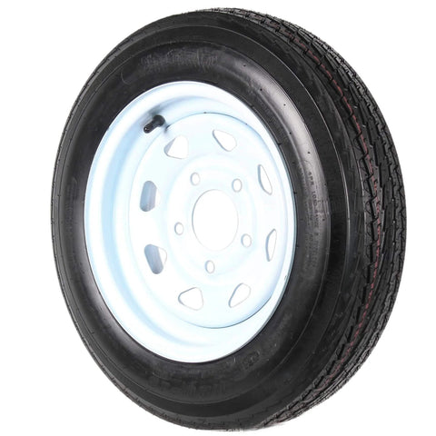 Side view of Two Pack Trailer Tire Rim Combo 4.80-12 480-12 5 Lug On 4.5 Inch Center White Spoke Wheel Built For Durability With A Two Year Warranty And Roadside Assistance