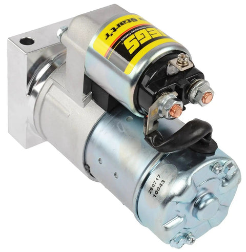 Heavy Duty Mini Starter Built Tough For Gm And Chevy Ls V8 Engines with billet aluminum mount, showcasing motor and connections.