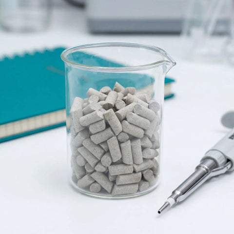 Cylinder Tumble Media For Silicon Carbide Polishing Pellets 440g in a glass beaker, cylindrical abrasive media for tumblers