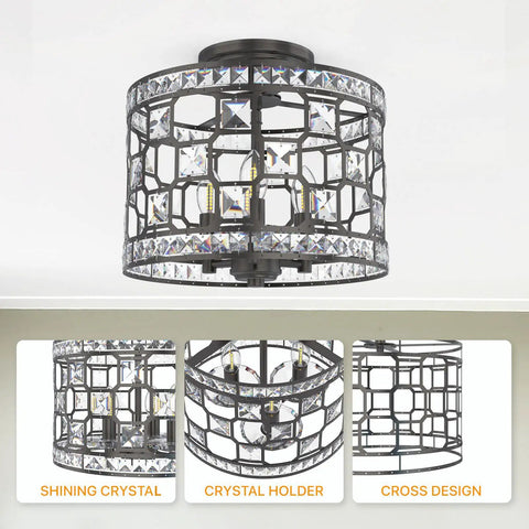 Crystal Decor Semi Flush Mount Ceiling Light Fixture In Modern Farmhouse Style, glass crystals, cross design detail