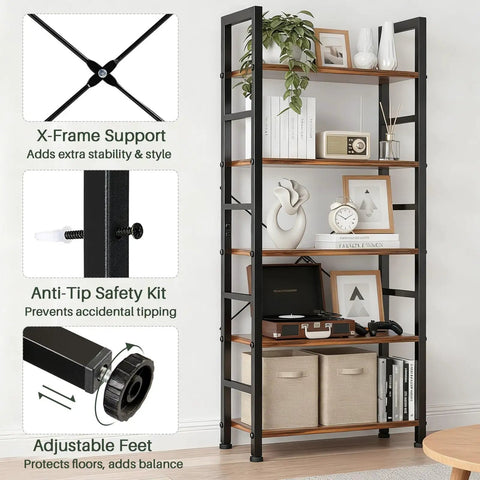Industrial 5 Tier Bookshelf With Sturdy Metal Frame And Open Wooden Shelves Free Standing Bookcase for living rooms.