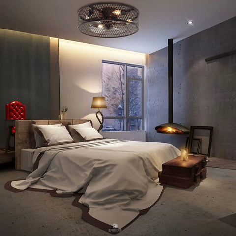 Industrial 18 Inch Ceiling Fan Light Kit With Remote in black, shown installed in modern bedroom with caged mesh shade, no bulbs included.