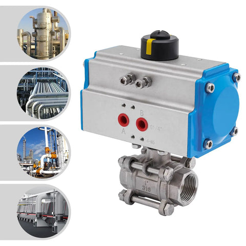 Rock Solid One Inch NPT Pneumatic Ball Valve Heavy Duty 316 Stainless Steel Single Acting Air Actuator with PTFE seals and actuator.