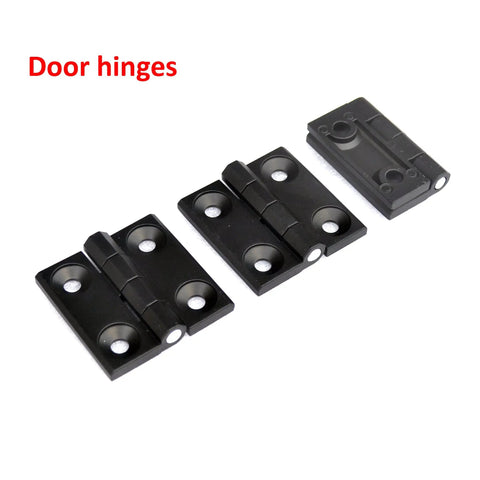 Space Saver Bi-Folding Barn Door Hardware Kit In Black Finish showing black metal door hinges on white background