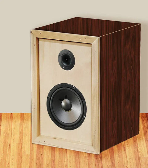 Adjustable Circle Cutting Guide Set Featuring Built Tough Metric And Imperial Scales For No Sweat Precision Cutting With Top Shelf Inside Outside Router Templates For Custom Woodworks wooden speaker cabinet with dual drivers on wooden floor.