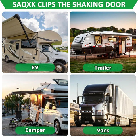 SAQXK Clips for RV, Trailer, Camper, and Vans displayed in scenic outdoor settings, showcasing secure door holding solutions.