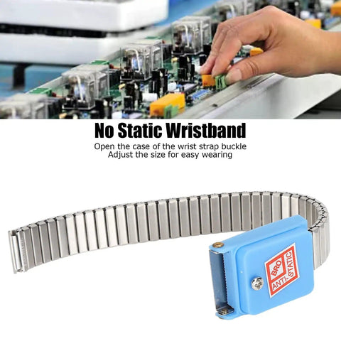 Metal ESD Wrist Strap Cordless Anti Static Wristband Wireless Grounding Bracelet for Electronics PC Computer Repair Assembly Clean Room Workshop Durable Stainless Steel with Insulated Coating displayed with a hand working on electronics