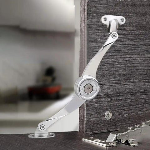 Tough As Nails Adjustable Random Stop Hinges For Kitchen Cabinet Doors With Heavy Duty Zinc Alloy Construction and Kickass Lift Up Flap Stay shown installed on cabinet.