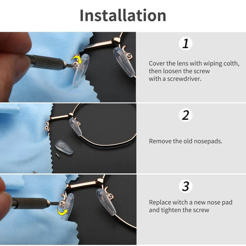 Installation process of Super Comfy Air Chamber Nose Pads For Glasses with grippy silicone pad replacement and repair kit.