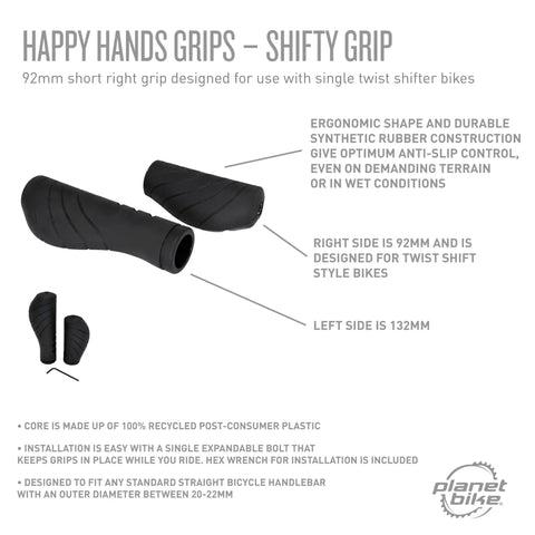 Ergonomic Shifty Grip Set for One By Front Crank with Twist Shift or Gripshift, Left Side 132mm Closed End Grips, 100 Percent Recycled Material, Easy Clamp On