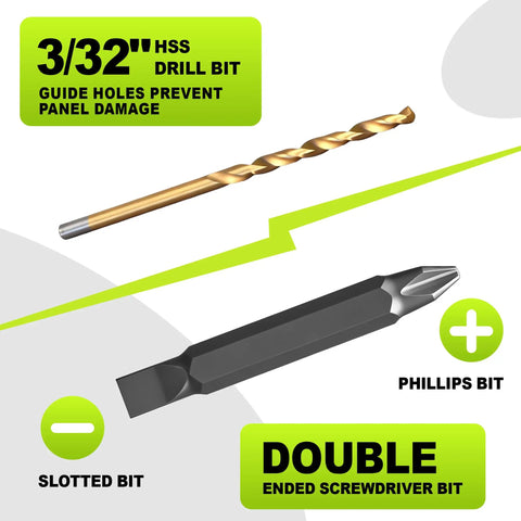 Door Lock Installation Kit For Metal And Wood Doors With Adjustable Guide Template And Bi Metal Hole Saw Set 1 3 8 To 1 3 4 Inches Includes Extra Drill Bit And Screwdriver Bit For Deadbolt And Knob showing drill and screwdriver bits.