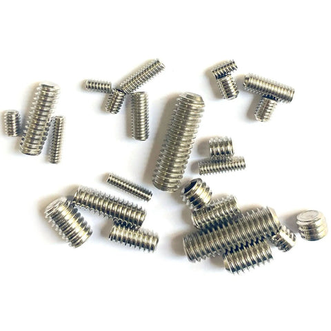 81 Piece Hex Socket Set Screw Kit With 5 Allen Keys, 304 stainless steel cup point grub screws arranged on white surface