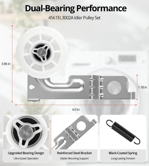 Fix Dryer Rumble With Premium Kit For LG Kenmore Ball Bearing Rollers Idler Pulley To Stop Noise Friction Using Solid Construction DIY Fix Home Save Money Restoring Smooth Operation Like New Never Breaking Again For Happy Homeowners. 4561EL3002A idler pulley kit, 6.0 in steel bracket