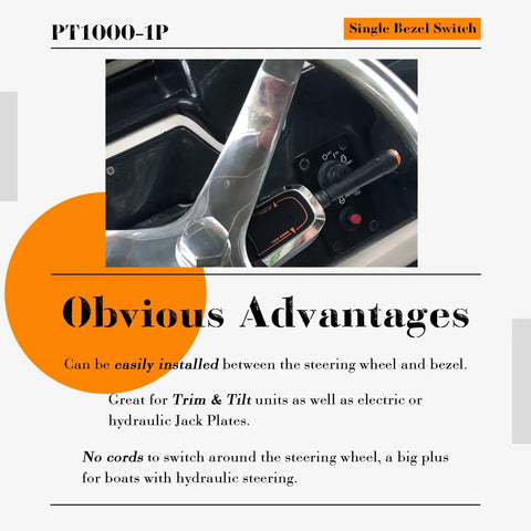 Blinker Style Bezel Switch PT1000-1P For Engine Trim And Jack Plate installed on a stainless steering wheel with hydraulic tilt.