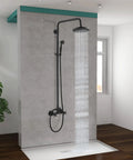 Exposed Pipe Shower System With 8 Inch Rainfall Head, Brass Fixture, Matte Black Finish, Dual Handles, Modern Bathroom