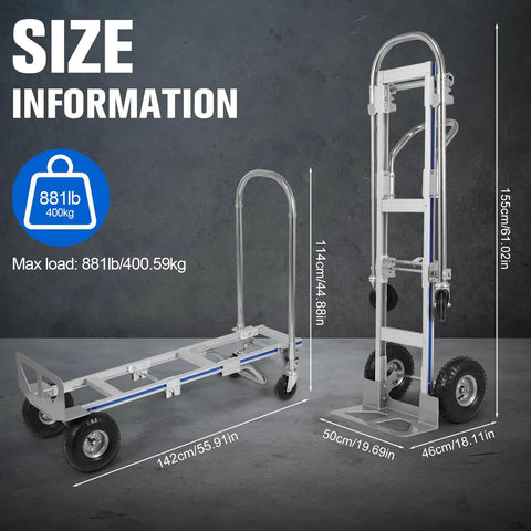 Versatile Heavy Duty Hand Truck With Reinforced Frame And Rust Proof Cargo Cart showing size information and load capacity