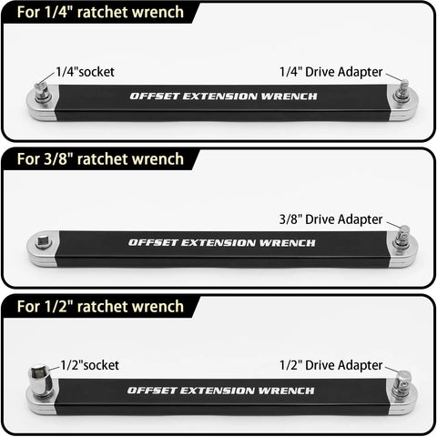 Offset Extension Wrench Kit With Half Inch, Quarter Inch And Three Eighth Inch Square Drive Adapters For Tight Spots On Confined Fasteners, Impact Wrench Extender, 15.4 Inch Long, 53 Ft Lb Torque, Includes Three Socket Adapters shown in package