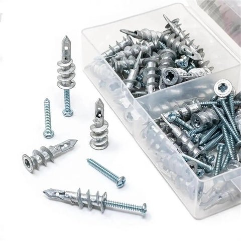 100 Pcs Zinc Alloy Drywall Anchors Kit With Self-Drilling Screws For Quick Wall Mounts On Plasterboard, Rust-Resistant Yellow Zinc Finish, No Pre-Drill Needed, Heavy-Duty Fasteners For Shelves And TVs., set of drywall anchors and screws in plastic organizer