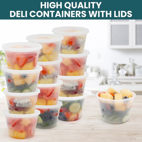 Straight Up Solid 16 Oz Deli Containers With Lids 48 Sets BPA Free Leakproof Soup Bowls stacked with colorful fruits inside.