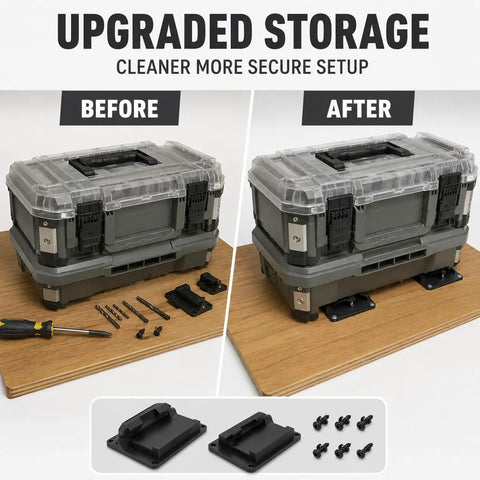 2 Pack Bottom Latch Mounts For Flex Stack Pack Toolbox Bracket Fits Wooden Work Surfaces shown before and after installation