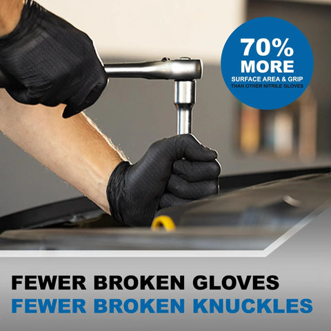 Heavy Duty Black Nitrile Workhorse Gloves Six Mil Thick Industrial Grade Oil Chemical Resistant Disposable Hand Covers With Knuckle Busting Grip Built Tough For Mechanics Plumbers And Tradesmen Grinding Daily Shifts being used while tightening a bolt.