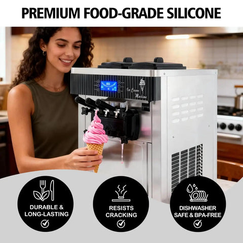 Woman using soft serve ice cream machine with focus on 15 Piece Soft Serve Ice Cream Machine Repair Kit With O Rings Gaskets Seals And Tubes Premium Food Grade Silicone Leak Resistant Easy Install All In One For Commercial And Home Use.