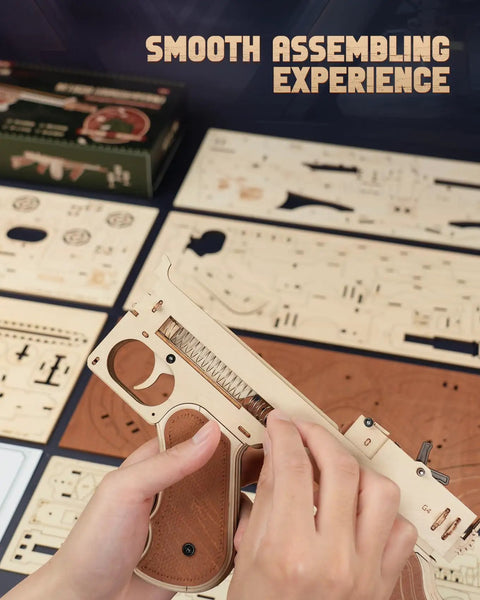 3D Wooden Tommy Gun Puzzle Kit For Adults Build Your Own Rubber Band Model Toy Dope Wood Craft Hobby For Men Realistic Gun Replica Puzzle Great Gift Idea For Christmas, wooden parts being assembled