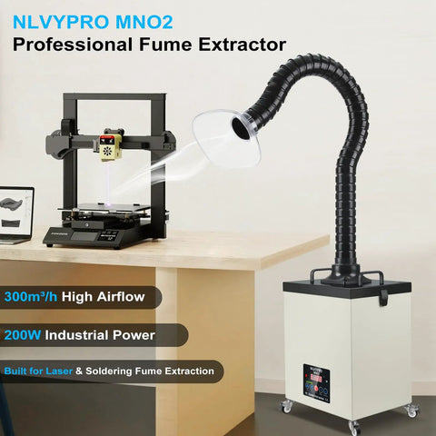 200W Laser Fume Extractor With LED Remote Filter Alert for Laser Engraving and Soldering next to 3D printer on desk