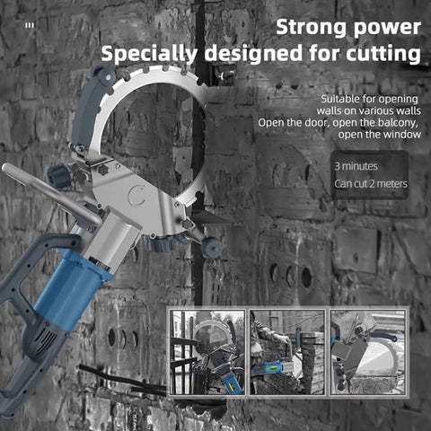 Heavy Duty Electric Concrete Saw With Brushless Motor And Wall Chaser Ring Cutter For Granite Stone Slotting 8800 Watt No Nonsense Power At 3000 Rpm close-up on wall cutter with blade cutting through stone