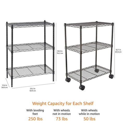 Heavy Duty Three Shelf Metal Wire Storage Shelving Unit With Smooth Ride Casters And Adjustable Racks For Garage Organization, side view with dimensions.