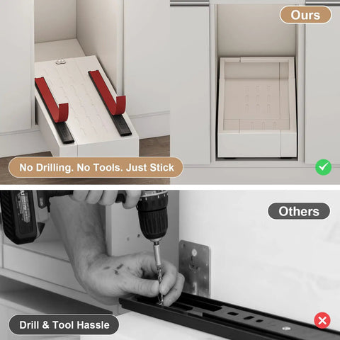Total Game Changer Expandable Pull Out Cabinet Organizer With Heavy Duty Adhesive Backing For Deep Kitchen Drawers showing easy installation without tools.