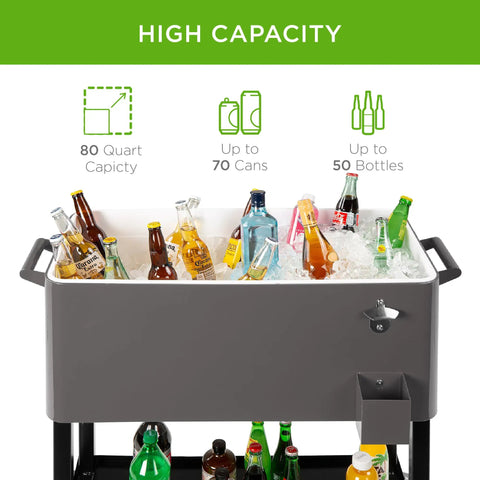 Outdoor 80 Quart Steel Rolling Cooler Cart With Ice Chest Bottle Opener Drain Plug And Locking Wheels Party Ready