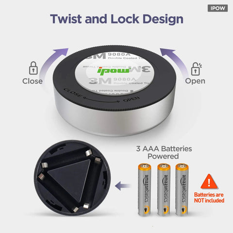 5 Pack LED Battery Powered Wireless Night Lights No Sweat Stick On Tap Touch Lamps For Closets Cabinets Counters And Utility Rooms Cordless Puck Lights Batteries Not Included showing twist and lock design with battery compartment.