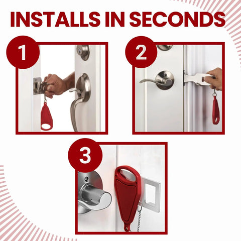 Step-by-step installation of Portable Door Lock And Door Stop Alarm Two Pack Travel Security Bundle For Hotels Dorms And Airbnbs.