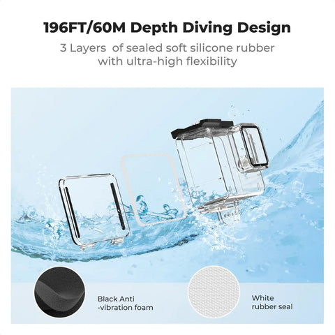 196FT/60M waterproof depth design for 60M Waterproof GoPro Case For Hero 13 Black And Hero 12 11 10 9 Protective Underwater Housing