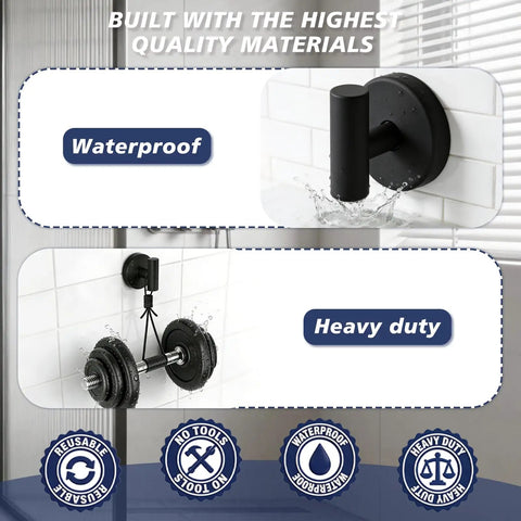 No Sweat Heavy Duty Suction Cup Shower Hooks In Matte Black For Easy Bathroom Setup With Solid Grip Twist Lock Design and Quick Relocation That Won Scar Your Walls Or Leave Sticky Mess Behind waterproof and heavy duty features