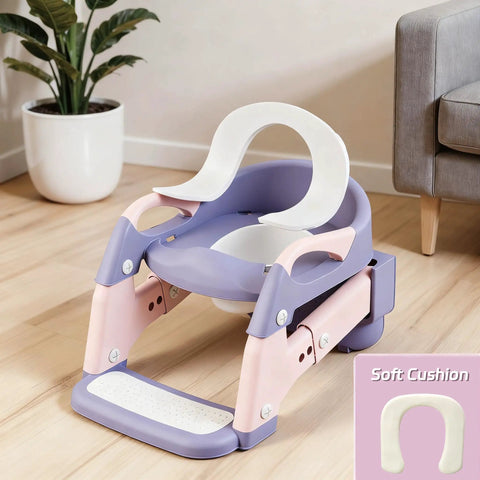 Game Changing 3-In-1 Toddler Potty Training Seat And Foldable Potty Chair With Step Stool, Adjustable Height For Little Champs, No Fuss Cleanup, Ultra Comfy Bathroom Helper Pink Purple with soft cushion and folding step stool.