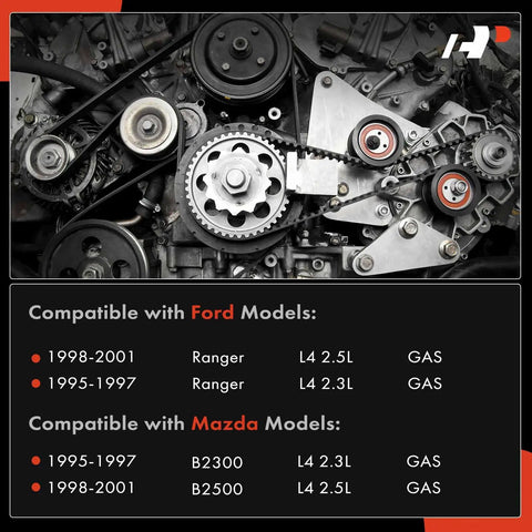 Beefed Up Engine Timing Belt Kit For Ford Ranger And Mazda B Series 2.3L And 2.5L Engines 1995 to 2001 shown with engine diagram