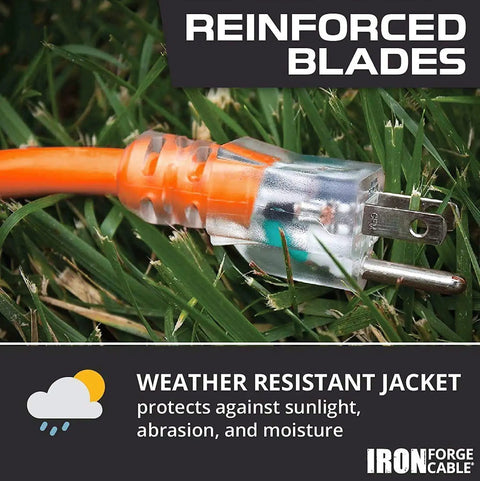 Heavy Duty 50ft Lighted Outdoor Extension Cord With 3 Outlets, 15 Amp 10/3 SJTW, Orange, showing reinforced blades and weather resistant jacket