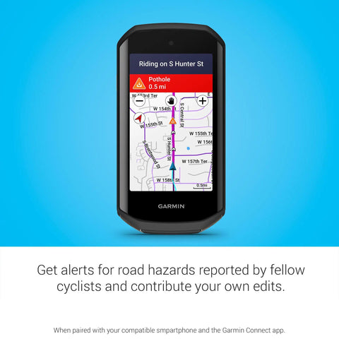 Premium GPS Cycling Computer With Vivid Color Touchscreen Built In Speaker Advanced Training And Group Ride Features Road Hazard Alerts Superior Navigation And Smart Connectivity Up To 20 Hours Battery Life Or 60 Hours In Saver Mode displaying map with road hazard alerts on screen.