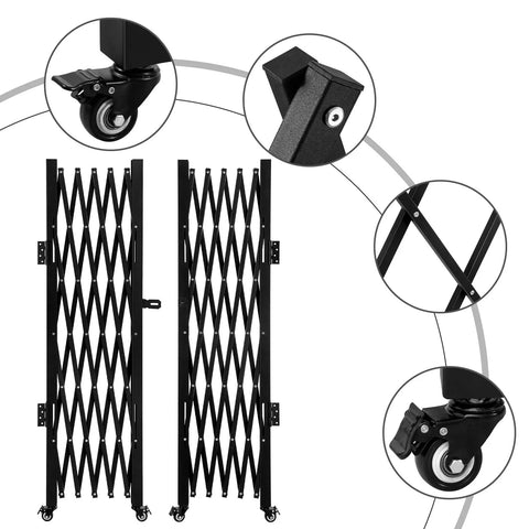 Premium Expandable Garden Fence And Portable Barricade Gate Made From Solid Heavy Duty Steel With Smooth As Butter Rolling Caster Wheels, featuring black steel frame and rolling casters.