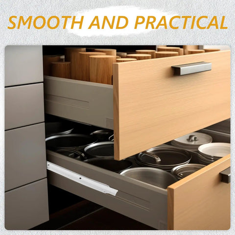 Two Pairs White Steel Drawer Slides With Quiet Performance And Easy Installation For Kitchen Cabinets And Furniture, Side Mount Metal Guide Rails For Smooth, Heavy Duty, No Fuss Glide on wooden kitchen drawer.