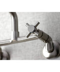 Close-up of No-Drip Two-Handle Wall Mount Kitchen Faucet in Brushed Nickel, Solid Brass, showing handle and spout detail