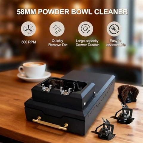 Slick Electric Coffee Puck Knock Box For Zero Hassle Espresso Cleanup Featuring Detachable Grounds Container and Spare Brush Heads Sturdy Portafilter Cleaner For Busy Baristas on wooden table with coffee cup.