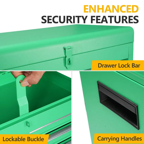 Close-up of Heavy Duty Rolling Tool Chest With Lockable Swivel Wheels And Easy Pop Off Detachable Top, featuring drawer lock bar and carrying handles.
