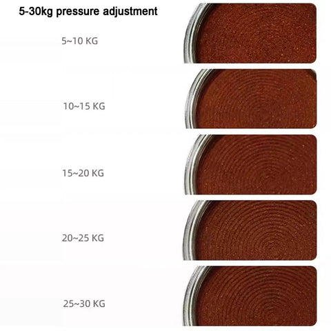 5 to 30 kg pressure adjustment settings displayed on espresso grounds, showcasing Straight Up Solid Automatic Coffee Tamper For Espresso Machines 58Mm.