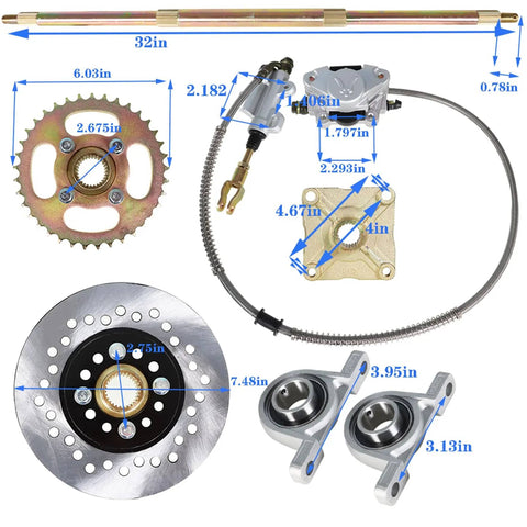 Rear Axle Assembly Kit For 32 Inch Go Karts With Shaft Hub And Chain Brake Master Cylinder And 428 108L Chain Fits 6 To 10 Inch Wheels Beefy Heavy Duty Chrome Construction For ATV Quad Drift Trikes components laid out with measurements.
