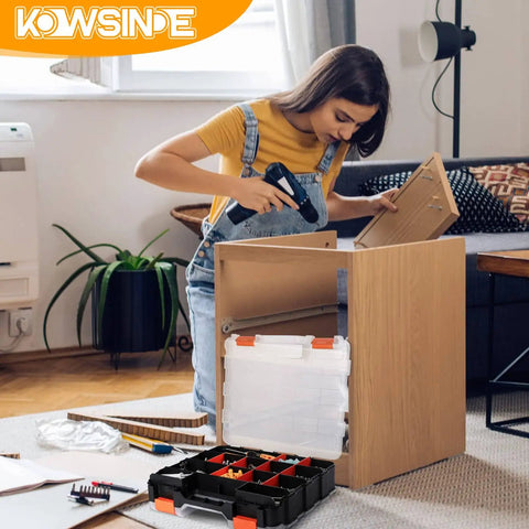 Woman using Double Sided Tool Organizer With 34 Compartments And Removable Dividers For Screws Nuts Bolts Tough As Nails Hardware Storage Box For Small Parts In Garage Or Workshop while assembling furniture.