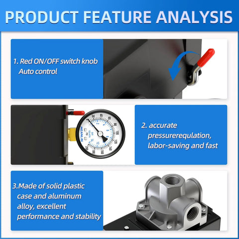Air Compressor Pressure Switch Control Valve Kit 135-175 PSI 110V-240V 4-Way Replacement with gauge and red switch features